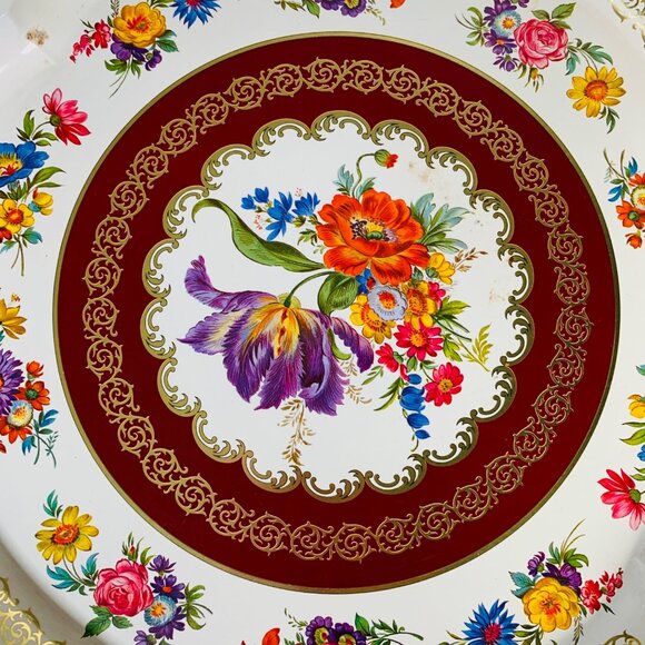 Victorian Style Metal Tray 12" Round Decorative Floral Platter Farmers Market - Picture 8 of 10